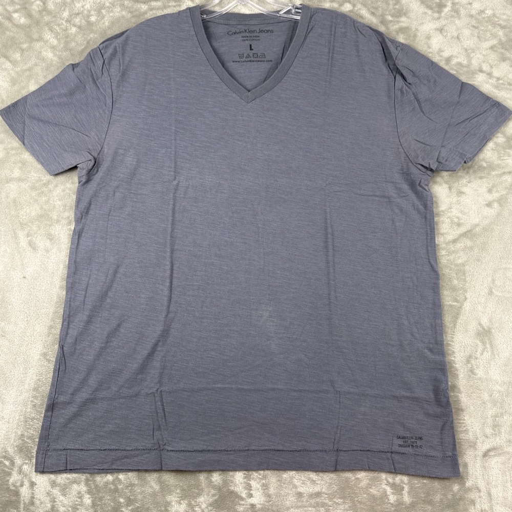 Calvin Klein Jeans Mens L Slate Blue Gray V-Neck Slub Cotton T-Shirt Logo Hem